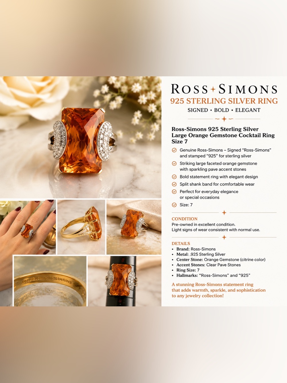 Signed Ross Simons 925 Faceted Orange Gemstone Ring with Pave Accents Size 7